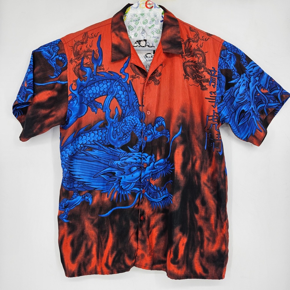 Vintage Suxxess Shirt Mens Large Polyester Button Up Dragons AOP Short Sleeve